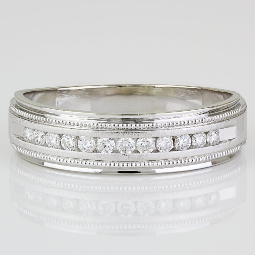 Men's 14k White Gold Milgrain Diamond Anniversary Ring / Wedding Band